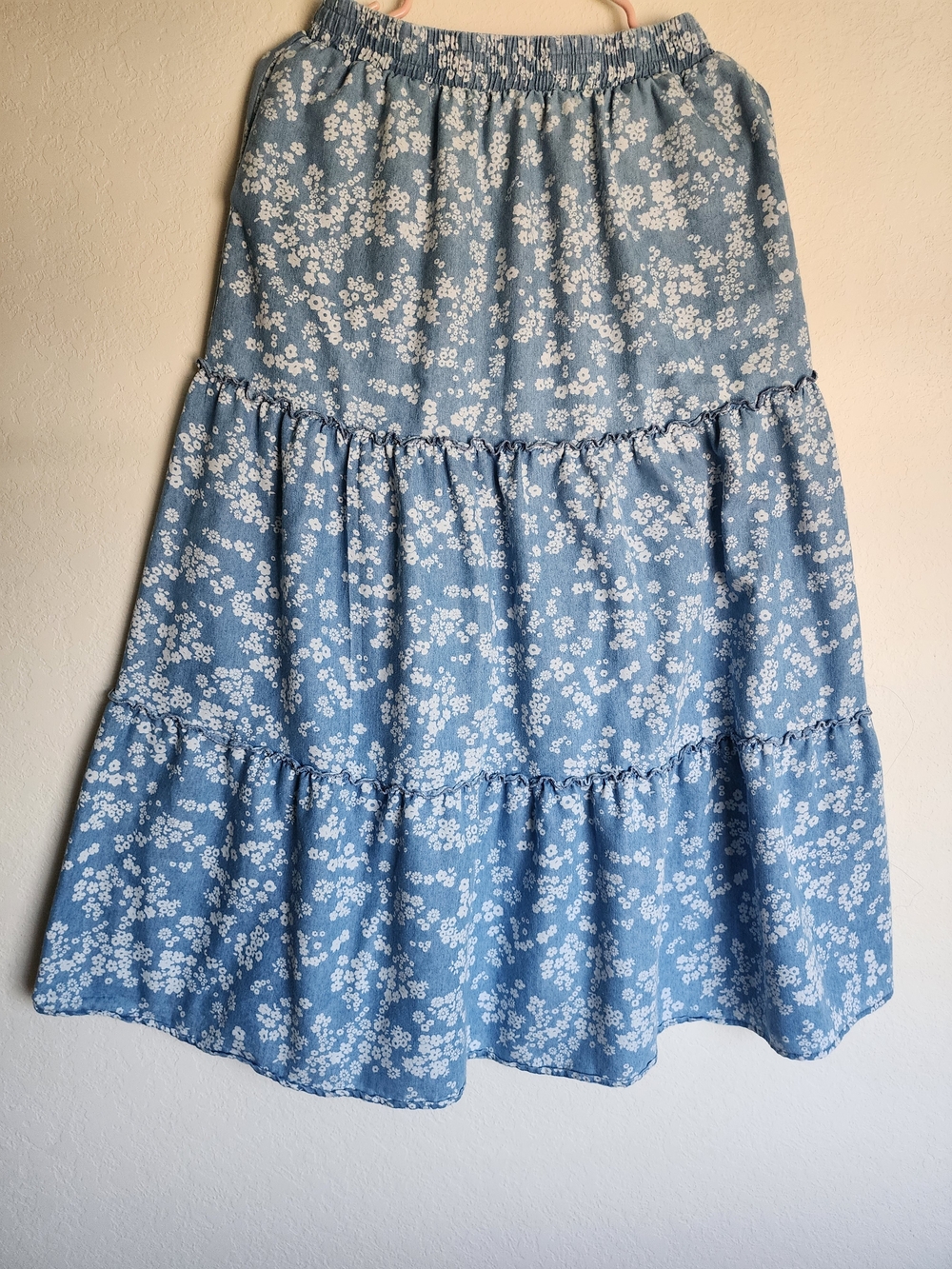 Robert Louis Light Blue Floral Tiered Midi Skirt